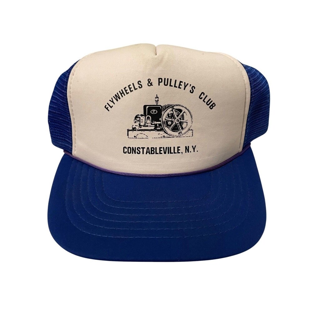 Vintage 80s Flywheels And Pulley’s Club White Blue Trucker Hat Cap One Size